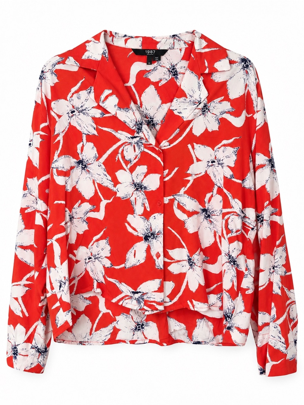 1987 Red Floral Button-Up Blouse – Size XS